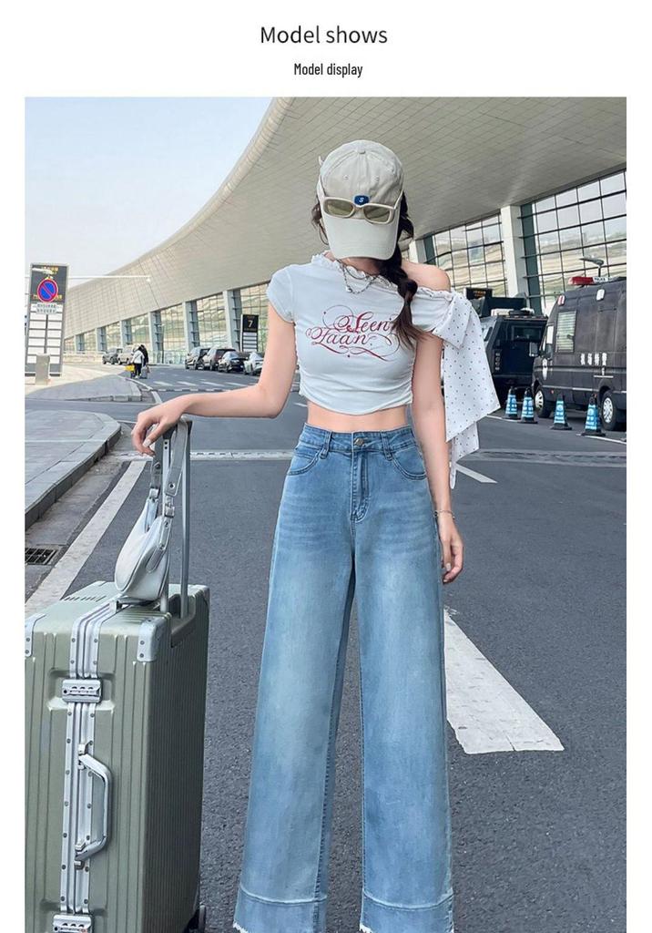 Women's Light Narrow-Wide Leg Jeans with Lace Trim - Autumn 2025 Petite Splicing Design