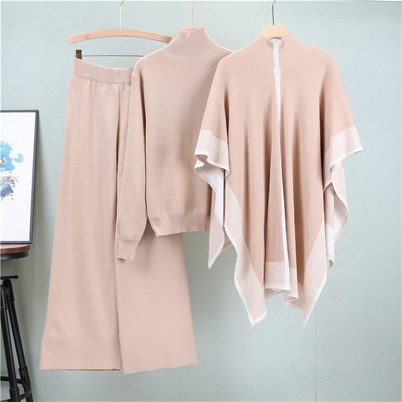 Women's Autumn Shawl Knitted Sweater Loose Wide Leg Pants Three Piece Suit Fashionable Casual Jacket Sweater Suit