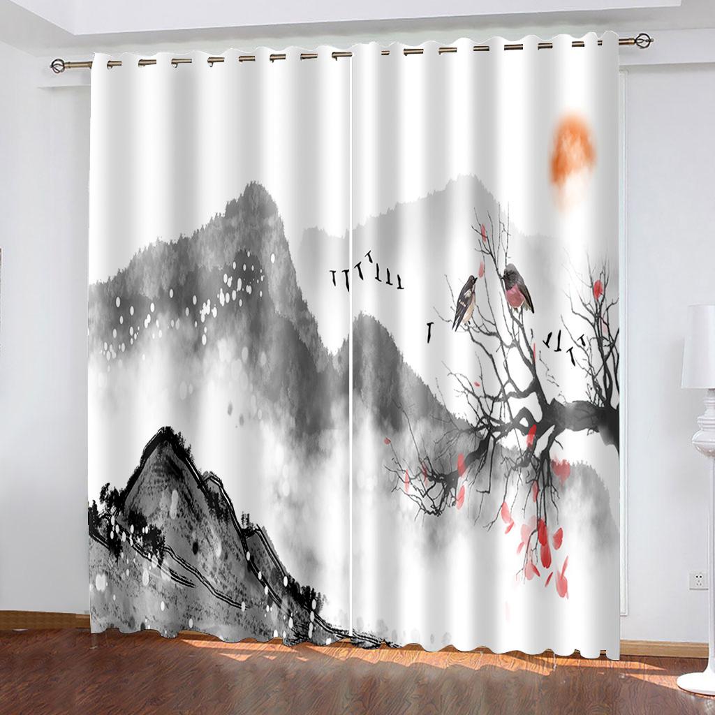 3D Chinese Style Ink Painting Series Luxury Home Sunshade Curtains 2 Pieces of Living Room Bedroom Decoration Hook Punch