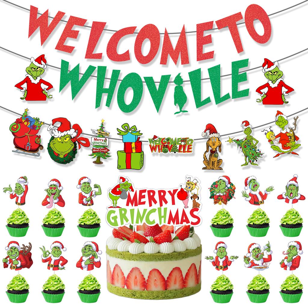 Christmas Grinch Theme Decorative Letter Flag Latte Flower Spiral Pendant Set Customization