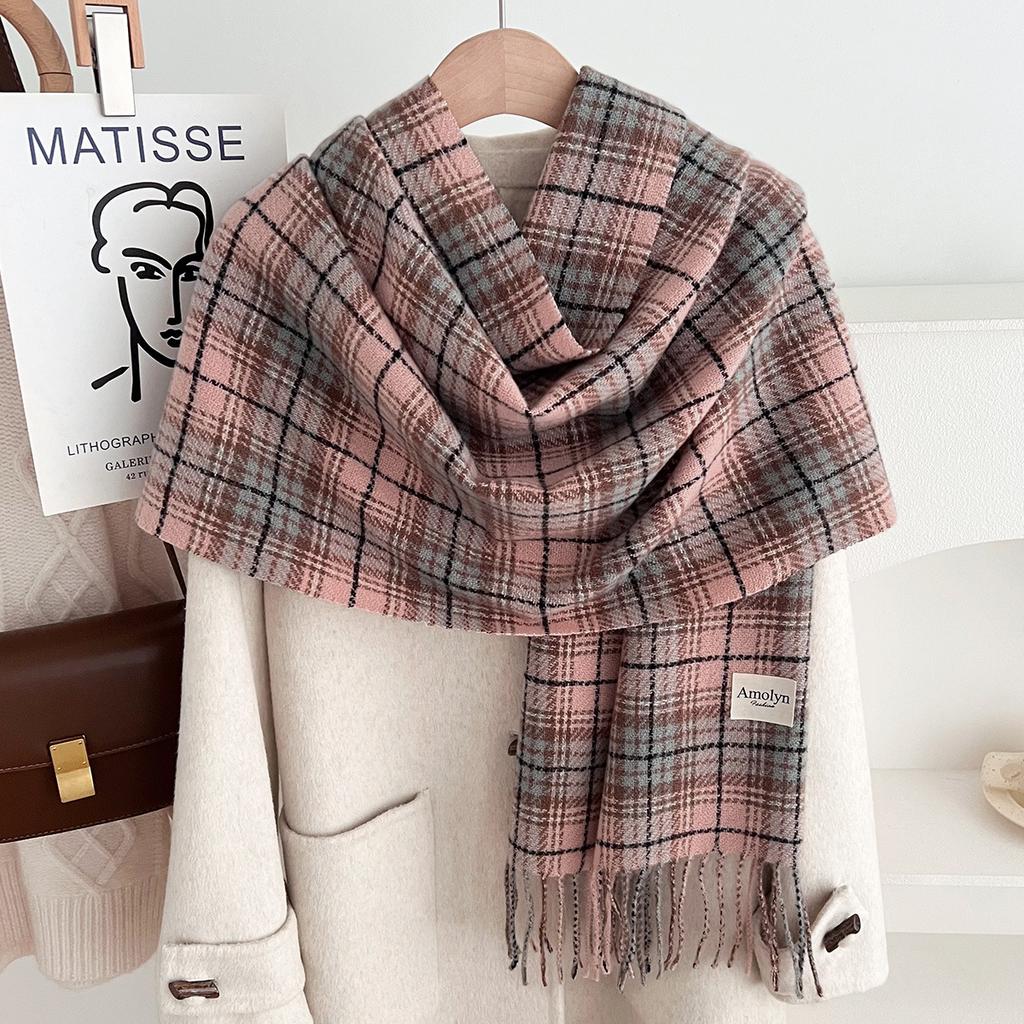 Autumn and Winter Scarf Women's New Plaid Imitation Cashmere Scarf Maillard Contrasting Shawl Thickened Warm Versatile Scarf