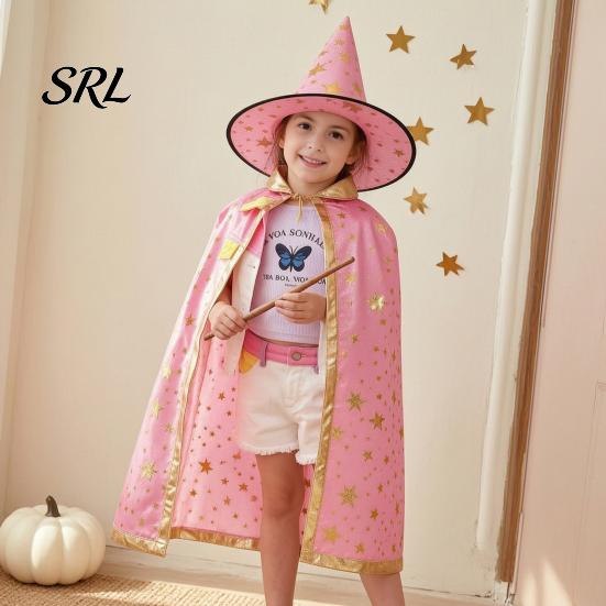 Breathable Holiday Performance Cape Kids Wizard Cloak with Hat for Boys Girls, Halloween Witch Star Pattern Costume Prop Party Cosplay Outfit,