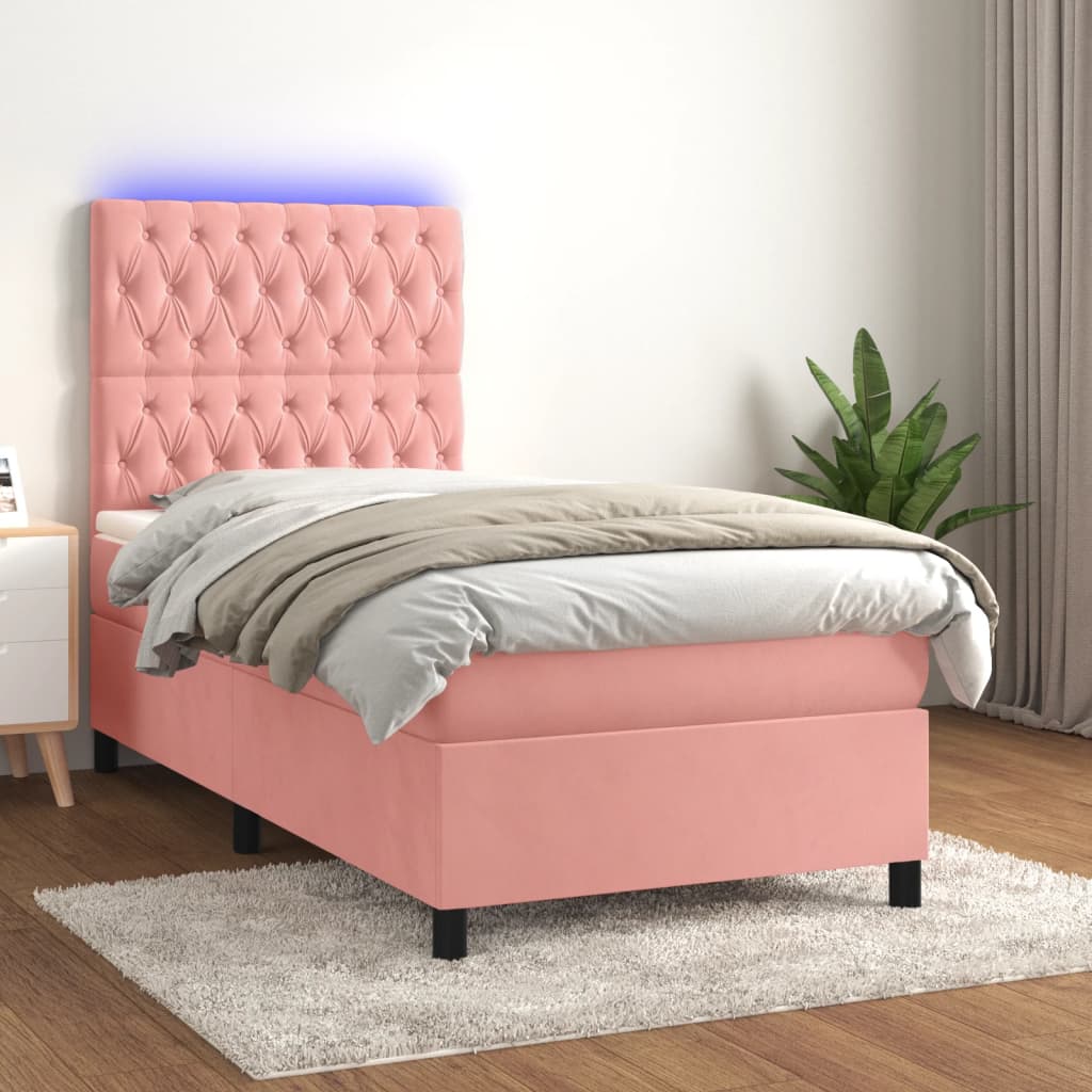 Box Spring Bed with Mattress & LED Light Pink 90x200 cm Velvet