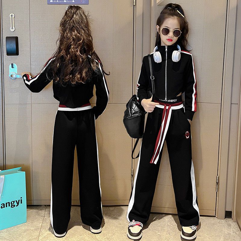 Teenager Girls' Sports Spring Autumn Kids Clothes Crop Top Hooded Jacket + Wide Leg Pants Tracksuit Children 9 -14year