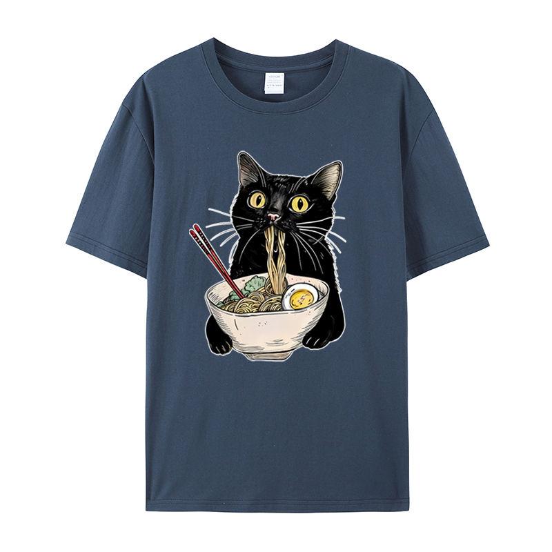 Cat Eats Noodles Pattern Print Men's T-Shirt Summer Vintage Kawaii Men's and Women's Surfing Beach T-Shirt Breathable Casual Top