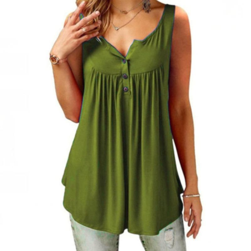 Canotta Estiva da Donna Senza Maniche Casual Tinta Unita Pieghettata Tunica Henley con Bottoni Larga e Fluida Blusa Lunga Taglie Forti