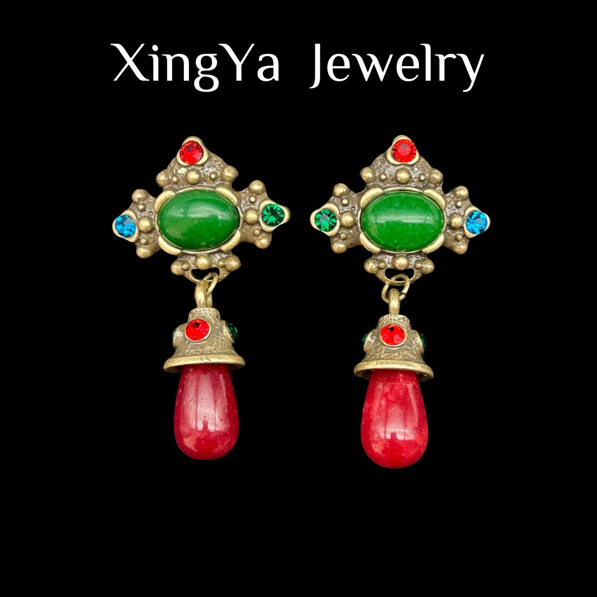 Vintage Retro Palace Style Southern Red Classical Temperament Geometric Droplet Shaped Earrings