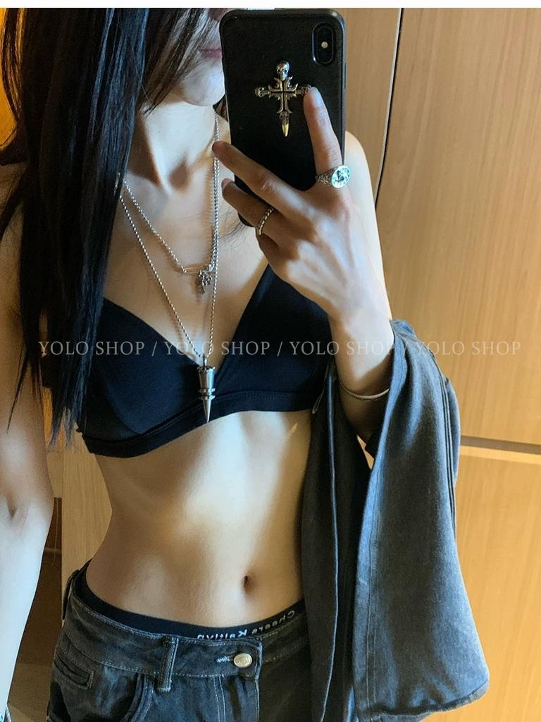 #Summer new pure desire wind neck splicing triangle cup backless chest wrap female slim one-piece with chest pad