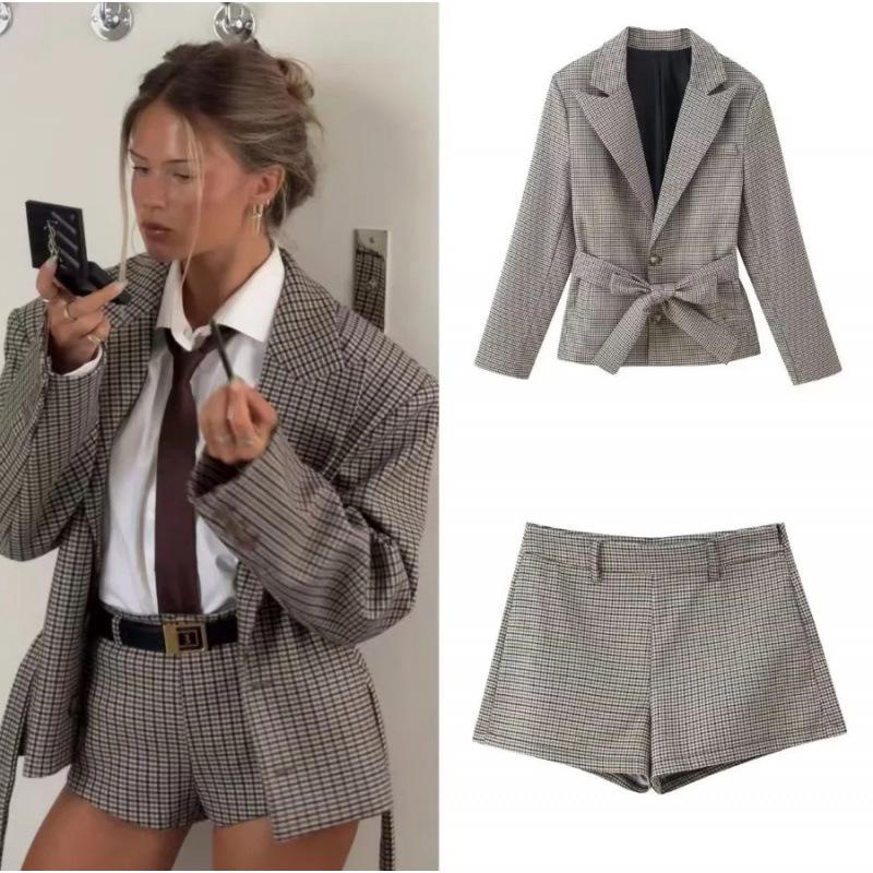 European & American Women's Autumn Casual Plaid Lapel Suit with Shorts