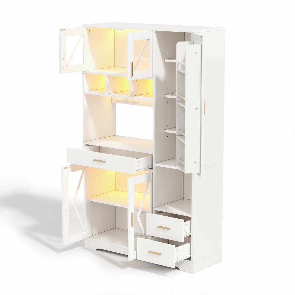 Kitchen Cabinet In Barn Style, Storage and Display Cabinet with Adjustable Shelves, Drawer, Color-Changing LED and Sockets, 185 × 105 × 40 Cm.