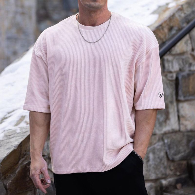 Fashion Men Fitness Short Sleeve Loose-Fitting Casual round-Neck Stripes Plus Size T-shirt Heavy Weight Breathable Fashion Muscle Half Sleeve