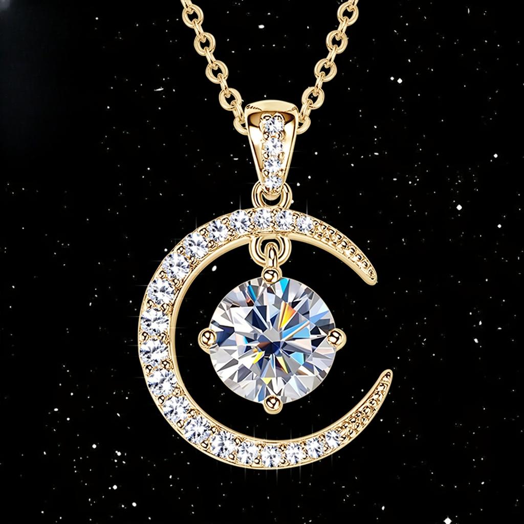 Moissanite Main Stone, Sterling Silver Ladies Pendant Necklace,Moon Sun Element Round Moissanite Pendant Fashion Holiday Gift Jewelry Anniversary Gift