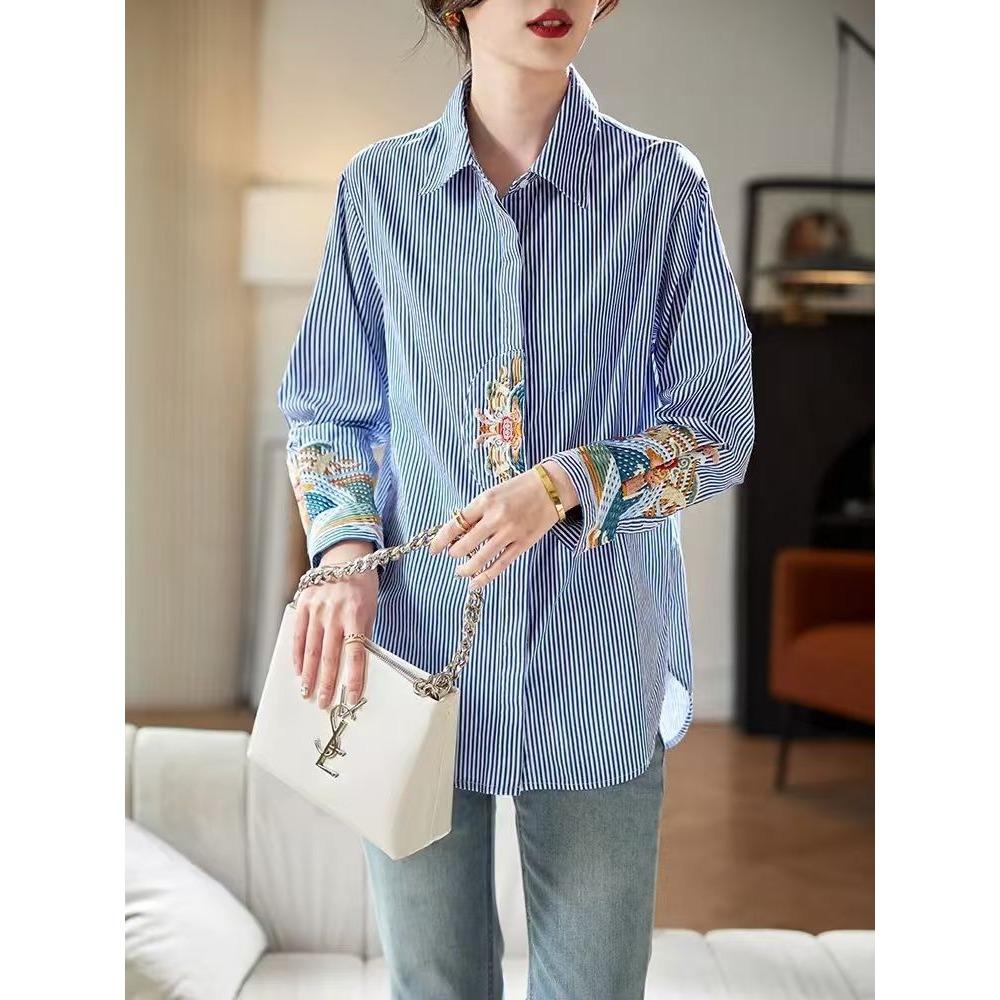 

Рубашка с вышивкой в национальном стиле, полосатая, с длинным рукавом, весна и осень, на все случаи жизни, профессиональные рубашки, универсальные для женщин XXXL синий