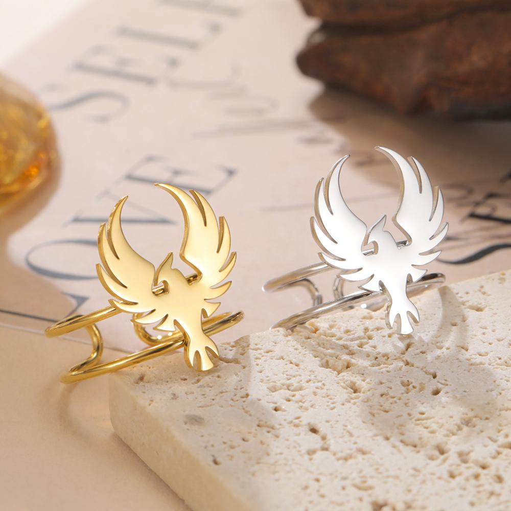Dawapara Phoenix Ring Adjustable Open Finger Ring Mythical Bird Animal Totem Protection Amuet Stainless Steel Jewelry