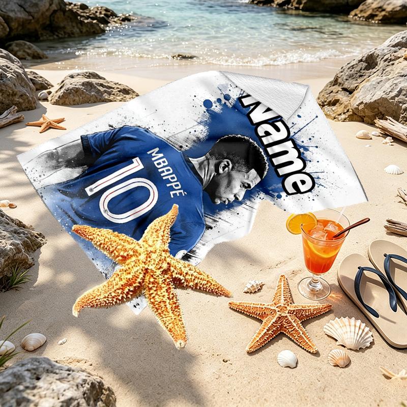 Personalisierbares Strandtuch mit Kylian Mbappe Aufdruck und individuellem Namen, für Reise Camping Strandparty Heimdekoration, Geburtstagsgeschenk für Familie & Freunde