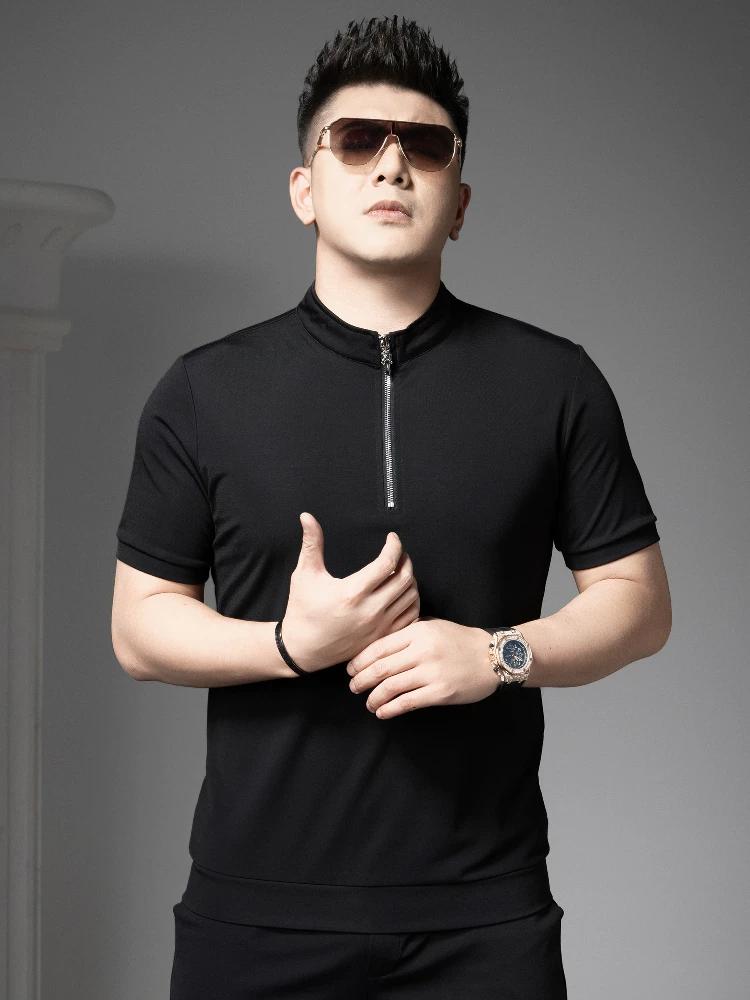 European Goods 2025 Summer New Men's Polo Shirt Fashion Brand Stand Collar Short sleeve T-shirt Solid Bottoming Shirt Men's Top