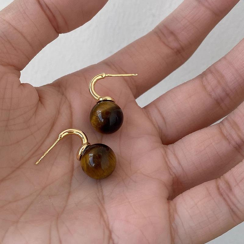 

DOUDOUSTORE Silver Needle Maillard Round Beads Tiger s Eye Stone Basic Vintage Earrings Femininity Stud Earrings