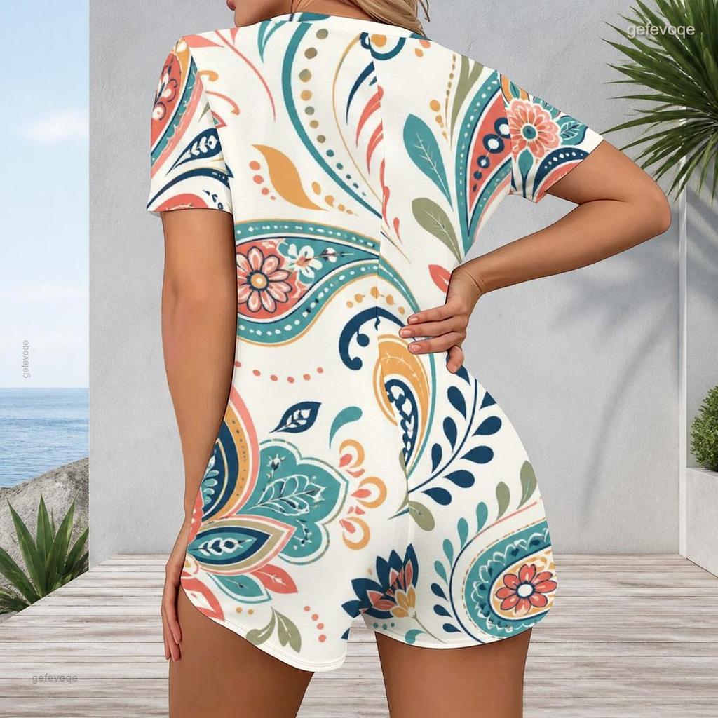 Women Plus Size Paisley Floral Print V Neck Short Sleeve Button Front Short Romper