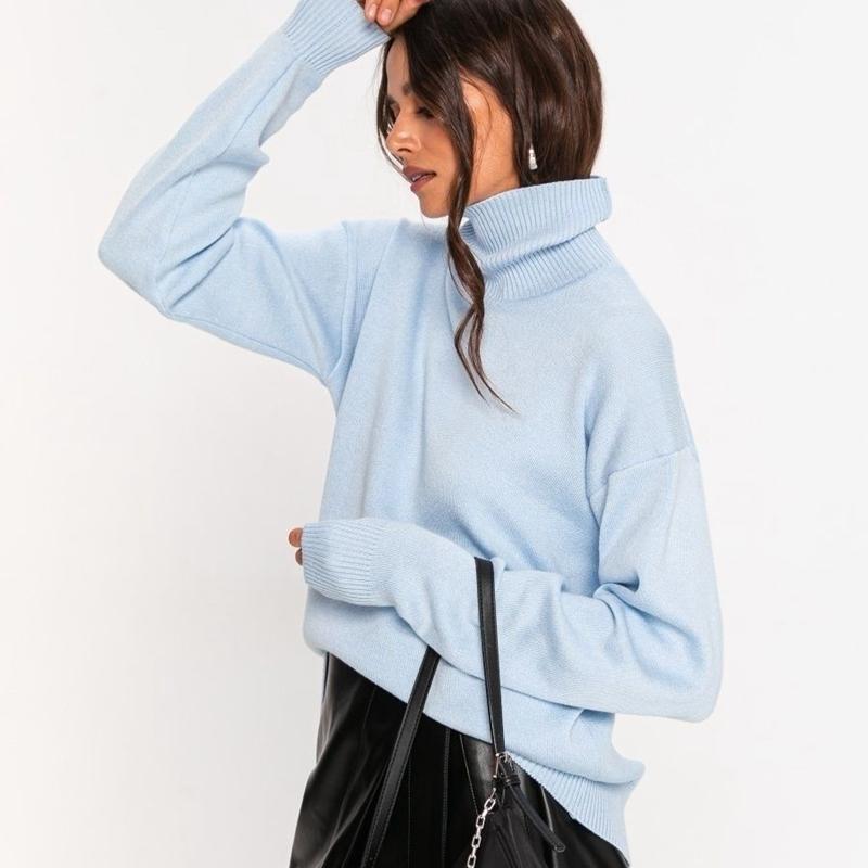 Frauen Herbst Winter Lose High Neck Langarm Einfarbig Pullover Chic Gestrickte Tops