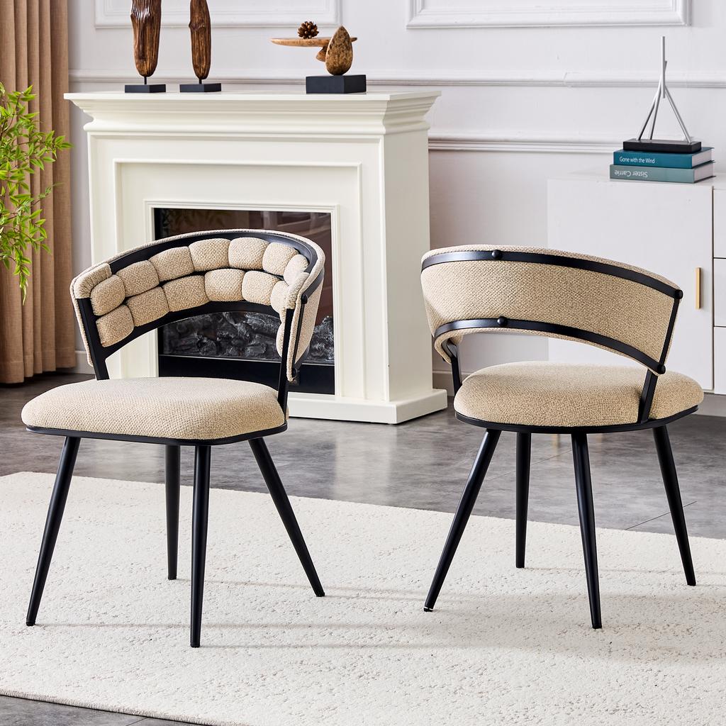 Set of 2 Beige Velvet Dining Chairs with Black Legs, Modern Upholstered Chairs as Accent for Dining Room and Kitchen