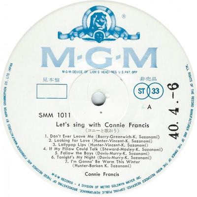 LP Record CONNIE FRANCIS - Let's Sing With Connie Francis SMM1011PROMO MGM 1965 US Pop Used