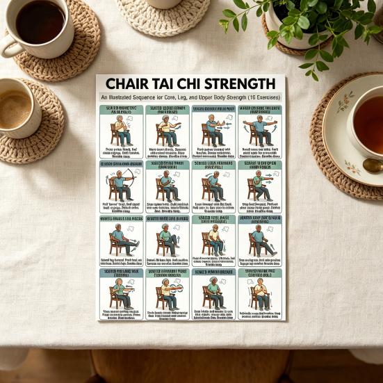 3er Set Tai Chi Übungsplakate für Stuhlübungen Sitzendes Trainingsdiagramm für Senioren Niedrigintensive Balance-Krafttrainingsanleitung