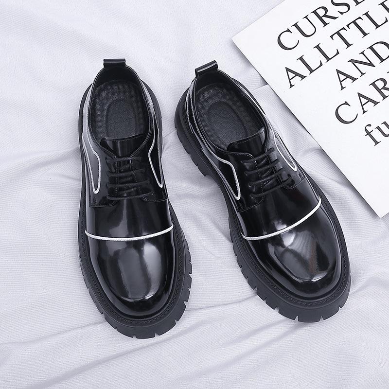 Leather Shoes Men's 2025 Youth Casual British Style Derby Shoes Platform Wedding Black Big Head Leather Shoes 2025