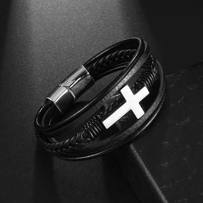 Stilvolles mehrlagiges geflochtenes Leder-Kreuzarmband für Herren Mode Magnetarmband Lässiges Amulett-Accessoire