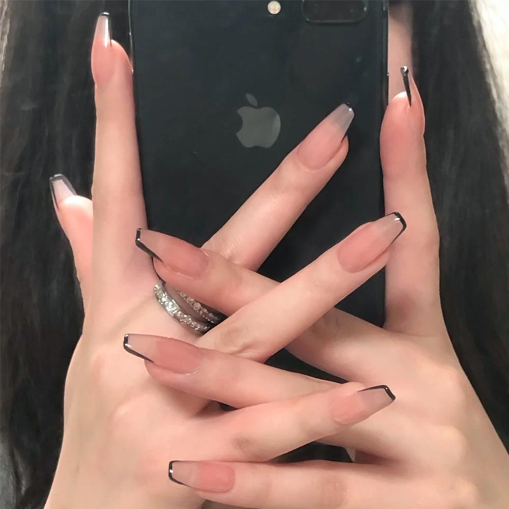 

Black French Long Ballet Press-On Nails, 24 Pieces: Nude, Versatile, Skin-Brightening