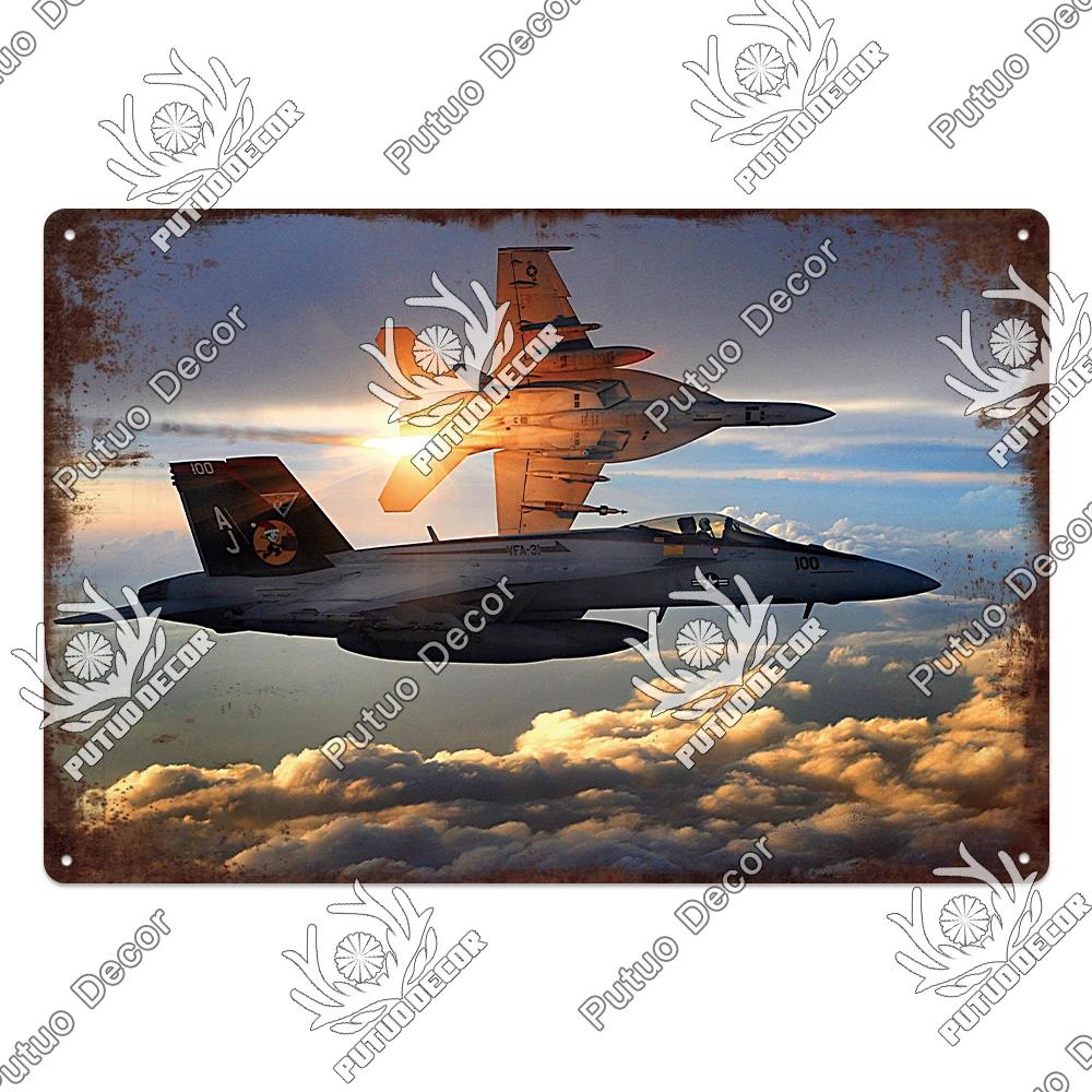 Putuo Decor Fighter Plane Vintage Tin Sign Plaque Metal Plate Retro Posters Wall Art Decoration for Garage Man Cave Pub Bar Club