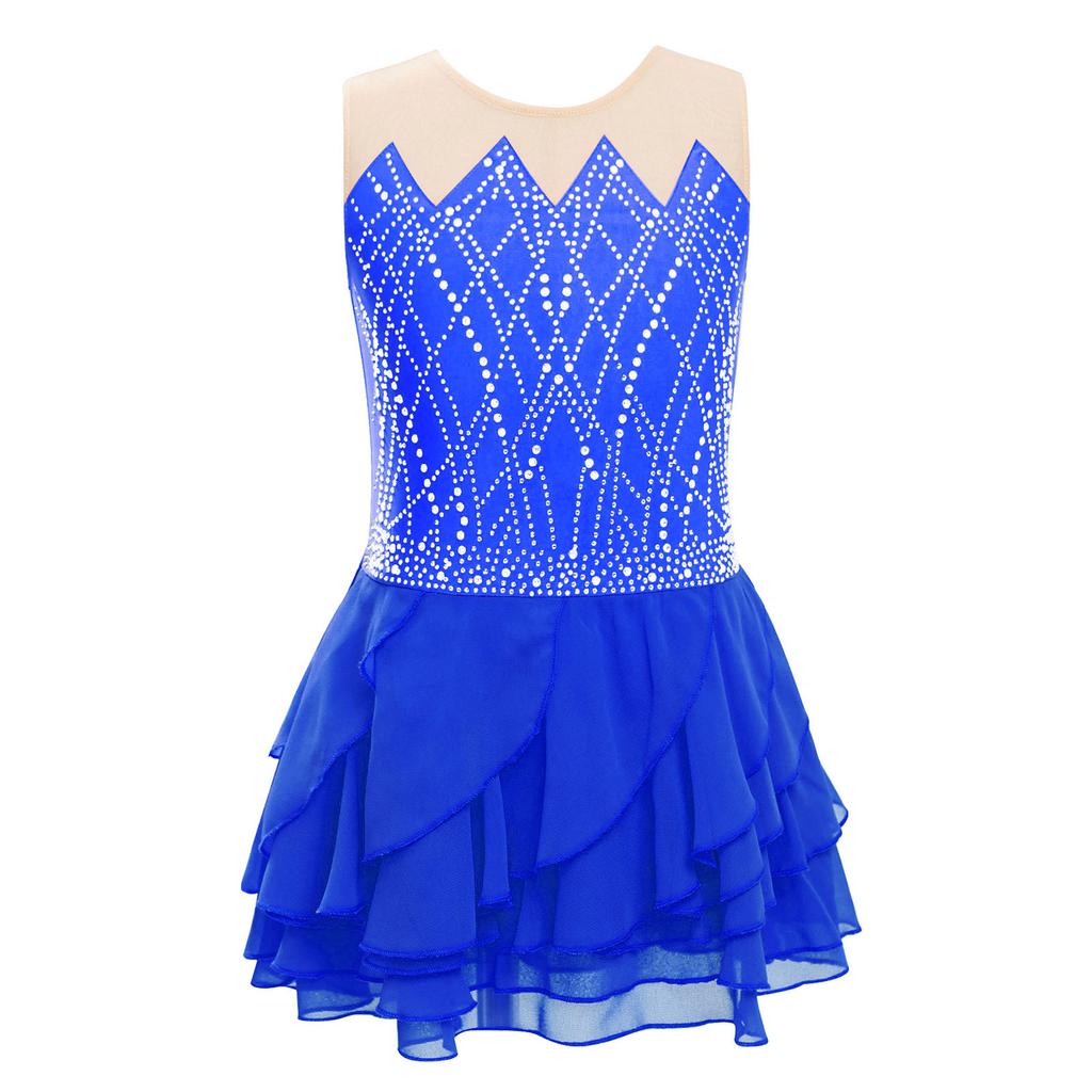 Rochie Patinaj Artistic Fete Gât Rotund Fără Mâneci Strassuri Strălucitoare Fustă Volanată Stratificată Costum de Dans pentru Competiție