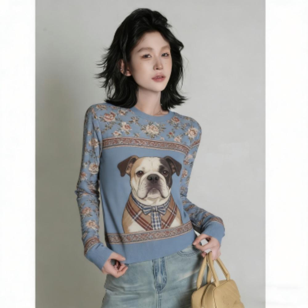 Europe America Fashion Fun Dog Print Women's T-shirt Casual Pullover Women Long Sleeve Clothing Outdoor Street Tees Top