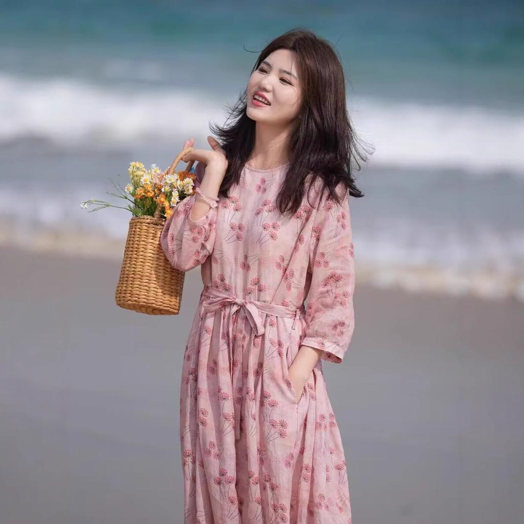 2025 Summer New Floral Cotton and Linen Dress Women's Loose Drawstring Waist Round Neck Seven-quarter Sleeve Temperament Long Dress