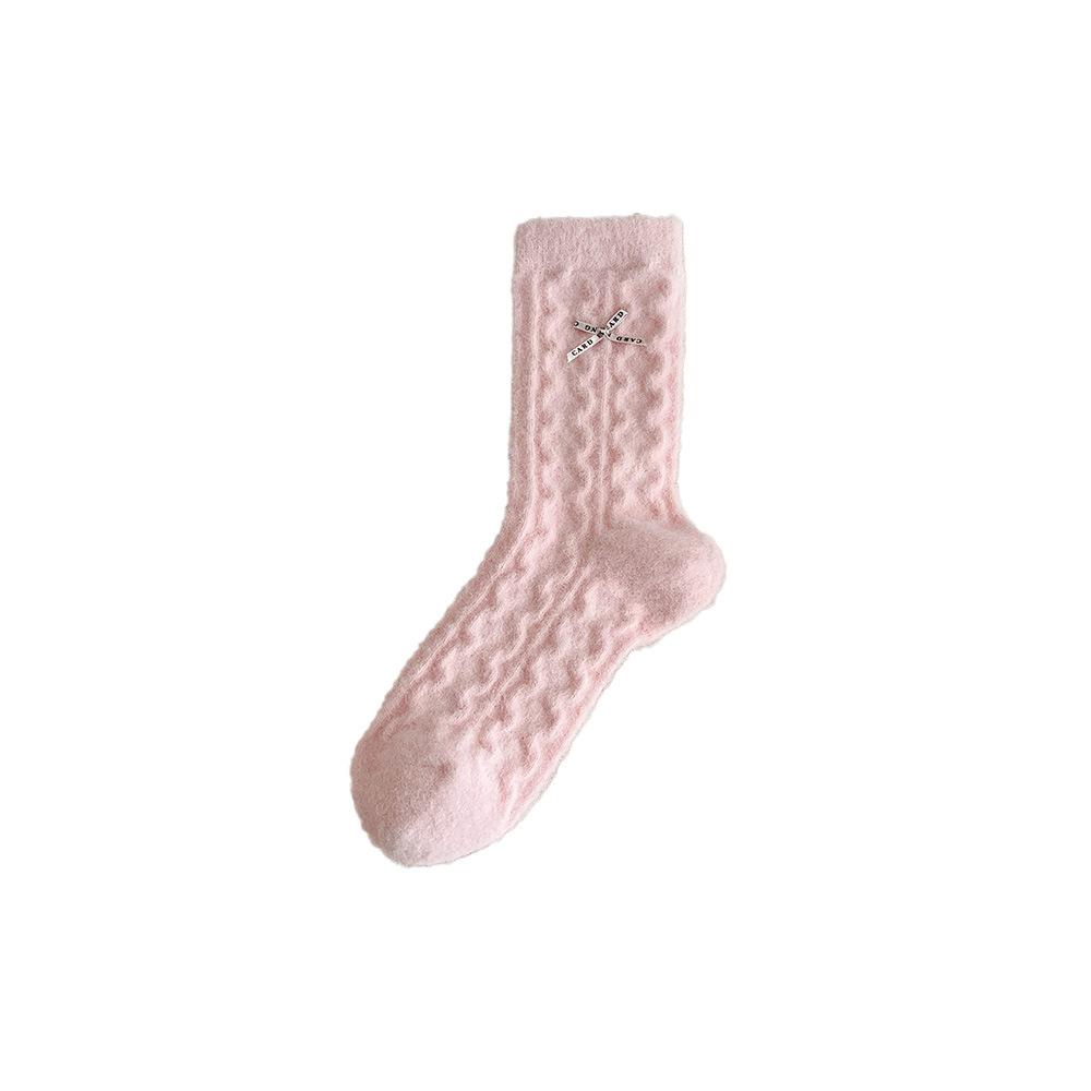 Fleece and Thickened Warm Socks, Cute Pink Australian Fleece Socks, Cartoon Embroidery Mid-calf Socks, Dui Dui Socks
