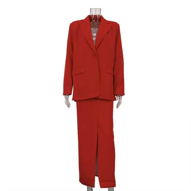 

Европейская и американская мода Лацканы Блейзеры Разрезные Юбочные комплекты Костюмный пиджак и юбка Red L