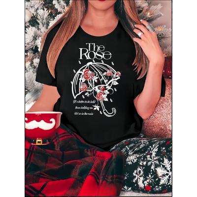 Women's Geometric Rose Umbrella Print T-Shirt Casual Crew Neck All-Season Top