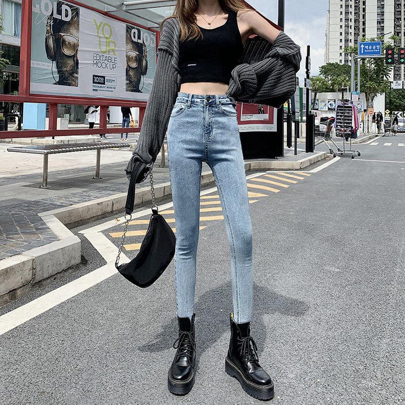 Women's Black High-Waist Slim Fit Elastic Pencil Jeans - 2022 Spring Collection