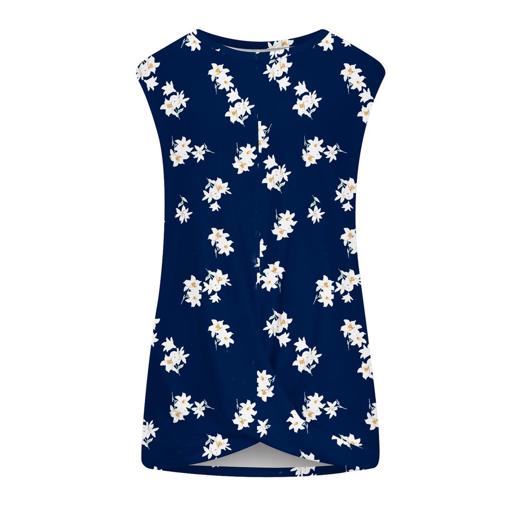T-shirt estiva con stampa floreale per donna Top casual girocollo senza maniche gilet attorcigliato