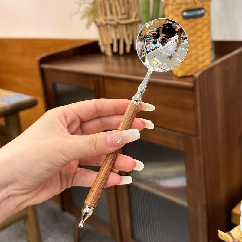 

Ложки из нержавеющей стали в стиле ретро с деревянными ручками для супа, западной кухни, риса, пасты и десерта Fine polishing серебряный