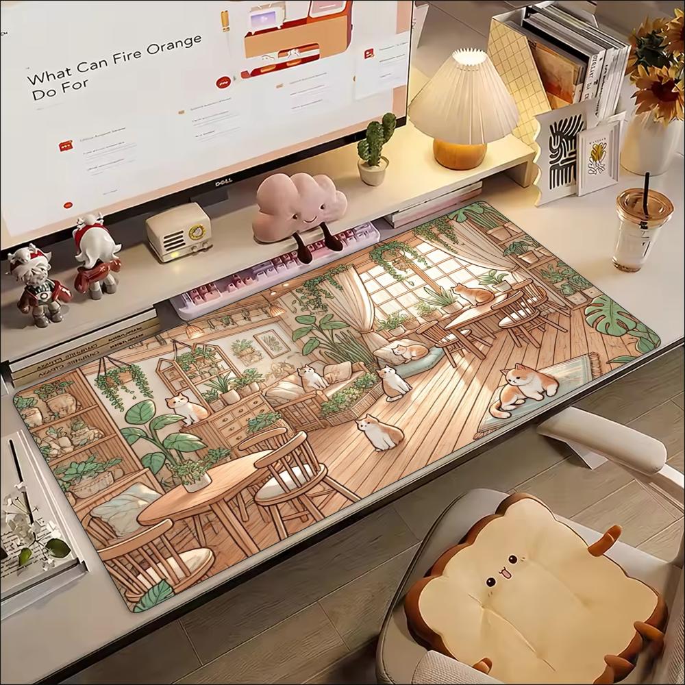 Cozy Pixel Art Cute Cat Indoor Scene Large Gaming Mouse Pad Non Slip Rubber Desk Mat For Laptop Keyboard Home Office Desktop