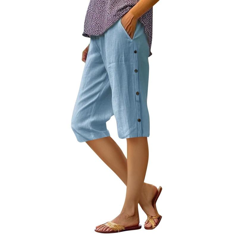 Women's Olive Green Linen Blend Capri Pants with Side Button Detail Casual Loose Summer Trousers