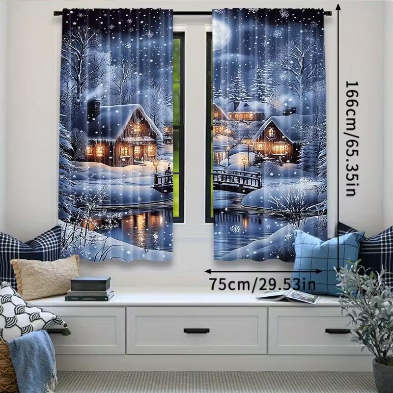 2pcs Snowy Cottage Christmas Curtains Cozy Design Polyester Window Decor for Holiday Living Room Bedroom Rod Pocket Curtains