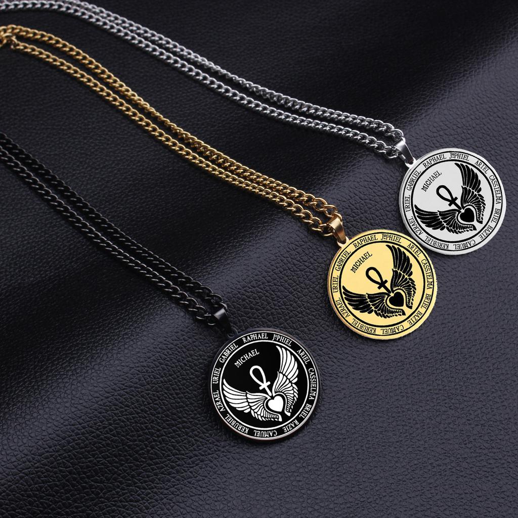 Archangel Day 12 Guardian Angel Medal Wings Ankh Life Power Magic Talisman Pendant Necklace