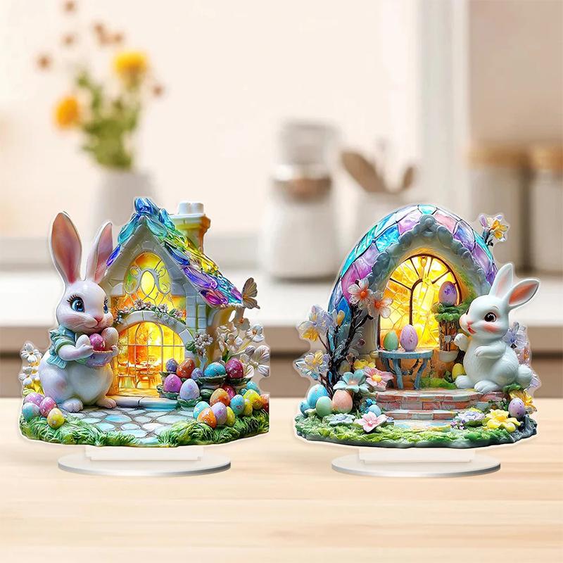 Easter Bunny Ornament Flat Acrylic Ornament Rabbit House Single Desktop Home Office Garden Ornament Yard Decoration Gift
