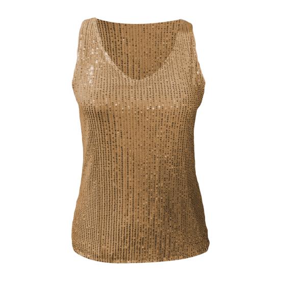 Women Tops Deep V-Neck Sparkling Sequins Design Sleeveless Vest Loose Fit Party Camisole Nightclub Wear