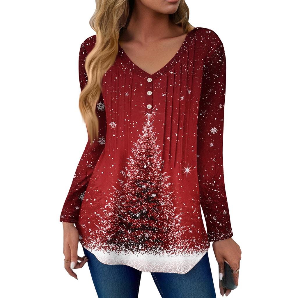 Women's Fashion Casual Christmas Tree Print V-Neck Decorative Button Long Sleeve T-Shirt Top