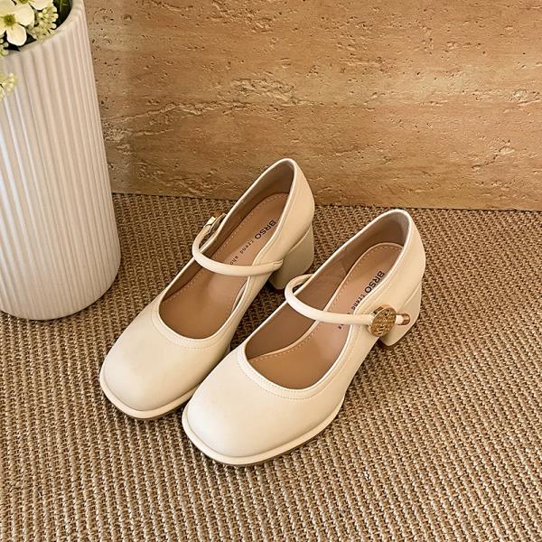 

Модные бежевые туфли на высоком каблуке Летняя женская обувь с мелким вырезом Массивные сандалии 2025 Обувь Мэри Джейн На все случаи жизни Квадратный носок 12 см Блочный Поздние 35