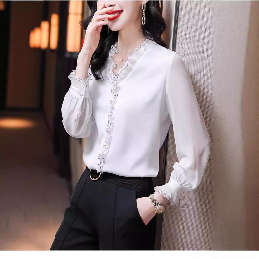 Elegant Women Chiffon Shirt Korean Blouse Office Lace Mesh Long Sleeve Ruffles V NeckTops Casual Vintage Pullovers Blusas 2022