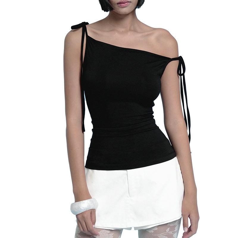 Women's summer new solid color suspender tied knot slim sexy slanted shoulder body vest women's wholesale