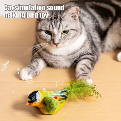 Chirping Bird Cat Toy Interactive Lifelike Plush Bird with Squeaky Sound And Feather Touch Activated Kitten Toy for Indoor Cats